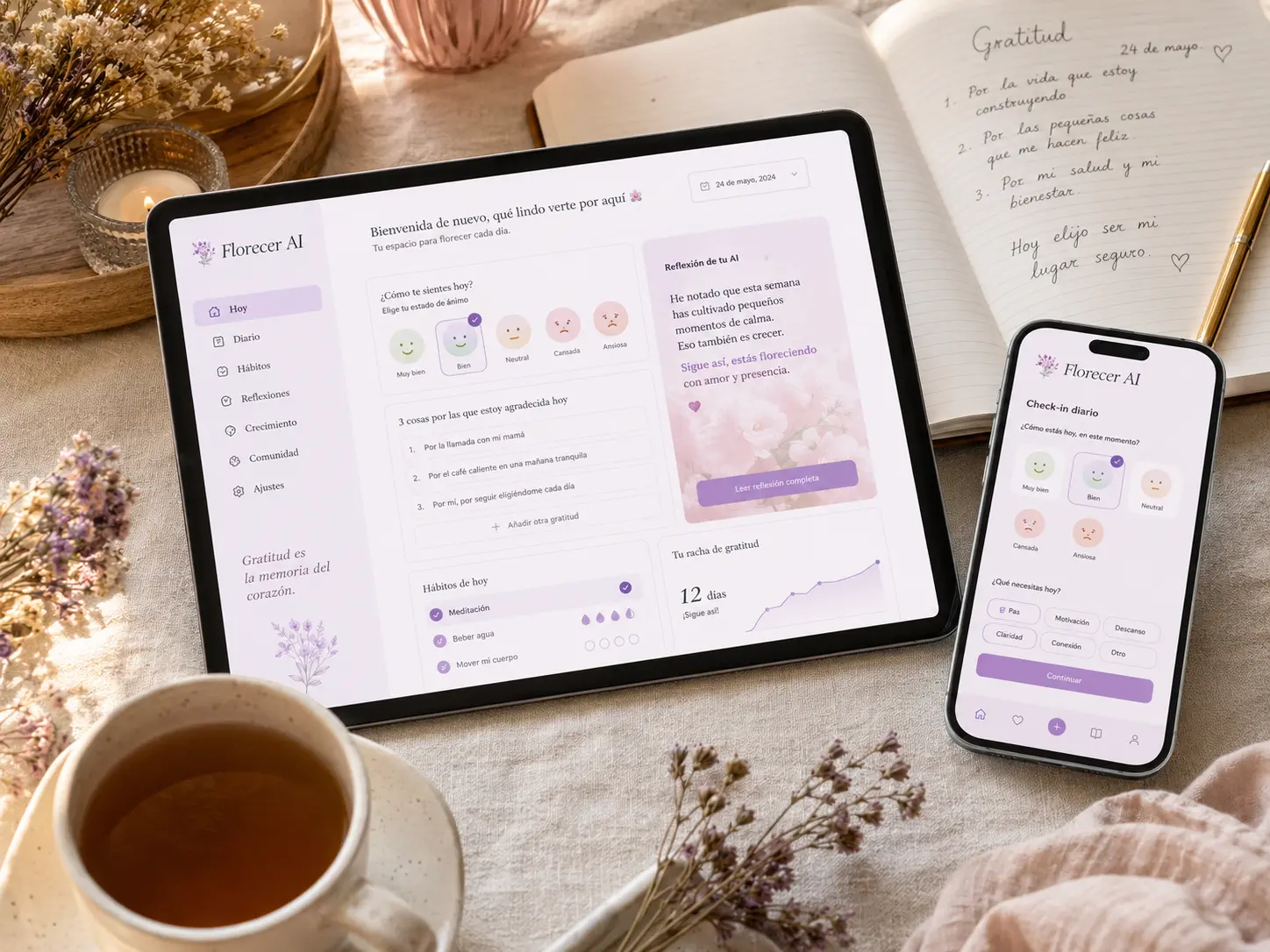 Florecer AI abierto en una tablet y un celular sobre un escritorio cálido con un diario de gratitud