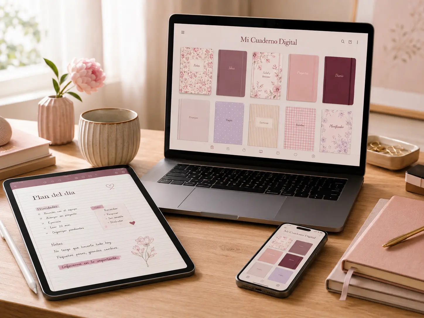 Mi Cuaderno Digital abierto en una computadora, una tablet y un celular sobre un escritorio real
